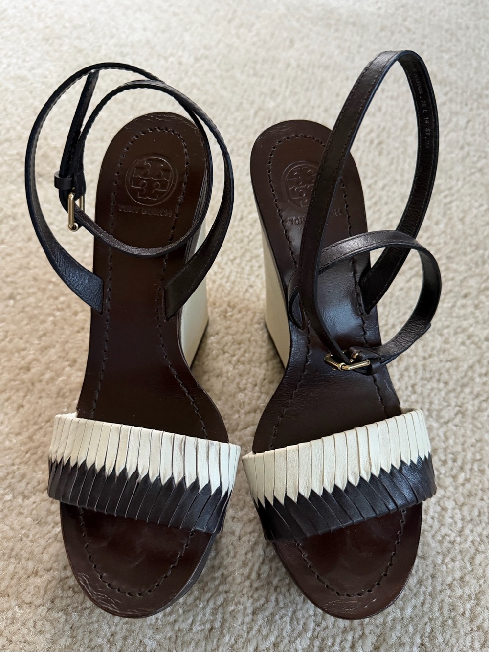 Tory Burch Miller Fringe Dark Brown and Cream Leather Wedge Sandals- size 7